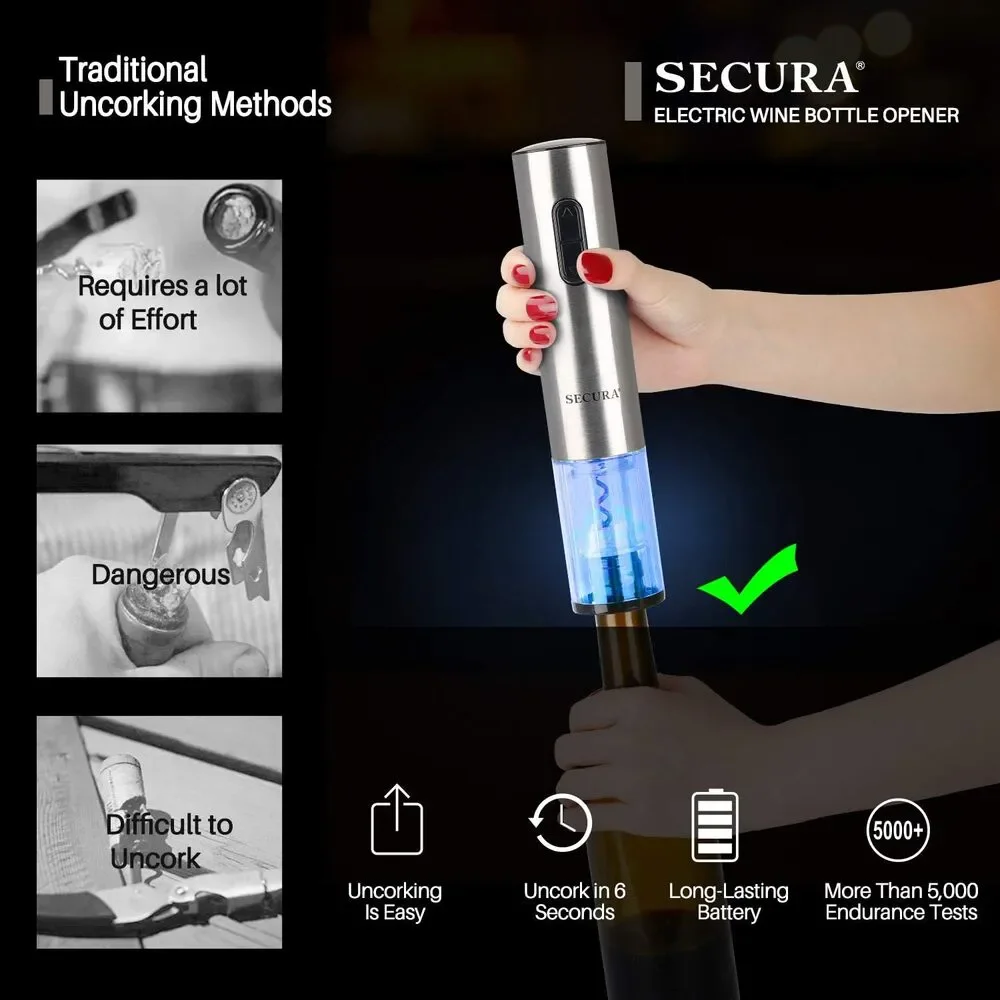 Secura Electric Wine Opener NWT Silver Stainless Steel